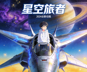 动漫《星空旅者》海报，少年与机械飞船在星空下