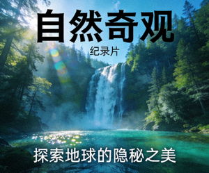 纪录片《自然奇观》海报，壮丽的瀑布与森林
