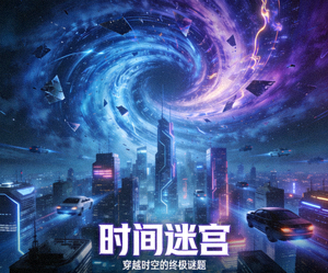 科幻电影《时间迷宫》海报，未来城市与时间漩涡